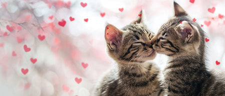 Cute tabby kittens kissing on a background of red hearts.の素材