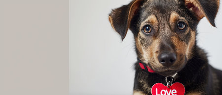 Cute dog with a red heart on a gray background. Love concept.の素材