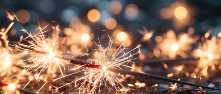 Christmas and New Year party sparklers on blurred bokeh backgroundの素材