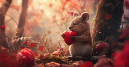 Cute little mouse holding a red heart in the autumn forest.の素材