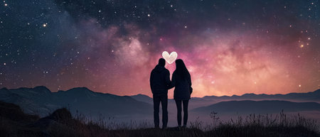 Couple in love holding hands and looking at the starry skyの素材