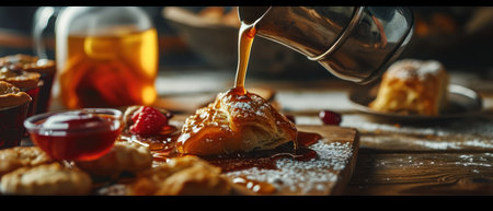 Honey pouring from a coffee pot into a croissant.の素材