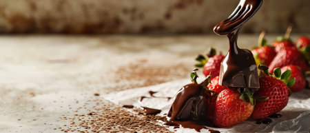 Chocolate fondue with strawberries on a stone background. Selective focus.の素材