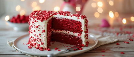 Red velvet cake on a wooden table with a bokeh backgroundの素材
