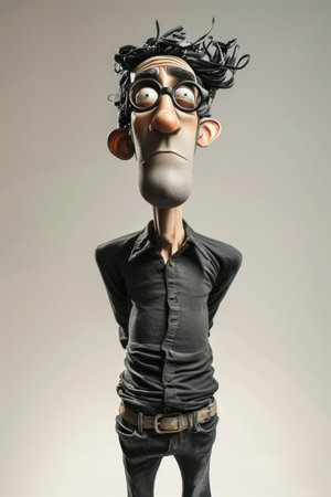 Funny cartoon man with big eyes and black glasses. 3d renderingの素材