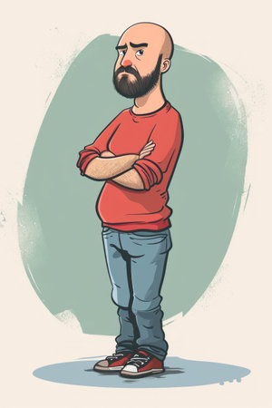 Vector illustration of a man with a beard and mustache in a red T-shirt.の素材