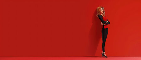 Fashionable redhead woman posing in studio. Red background.の素材
