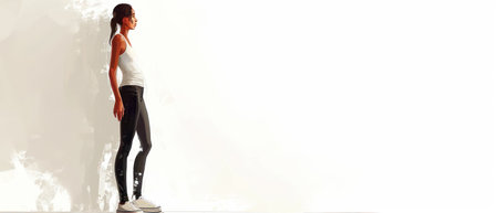 Full length portrait of a beautiful young woman in sportswear standing against white backgroundの素材