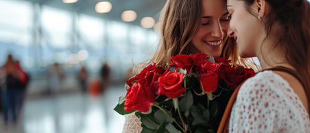 Beautiful bridesmaids with bouquet of red roses at the airportの素材