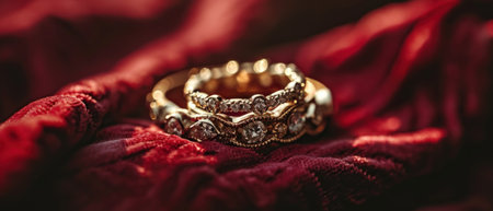 Wedding gold rings on a red background close-up.の素材