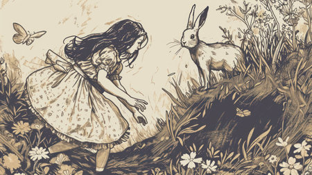 Hand drawn illustration of a little girl playing with a rabbit in the meadowの素材