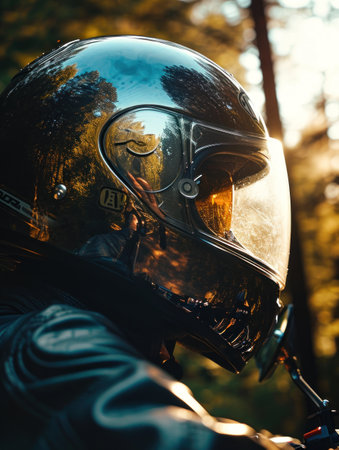 Motorcycle biker in the forest. Close-up of a motorcycle helmet.の素材