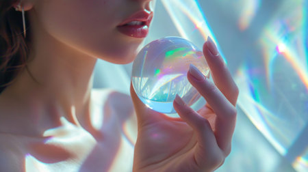 Beautiful young woman holding a crystal ball in her hands. Close-up.の素材