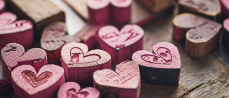 Wooden hearts on a wooden background. Valentine's Day concept.の素材