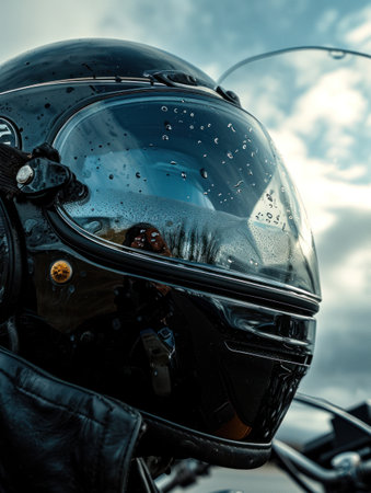 Close-up of a motorcycle helmet with raindrops on the hoodの素材