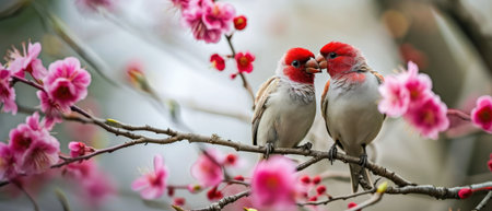 Two red-bearded finch on a pink sakura blossomの素材