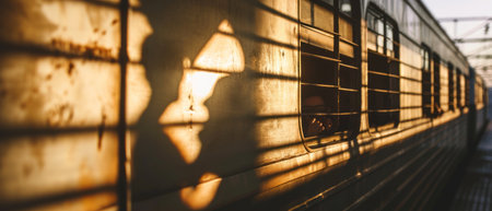 The shadow of the man in the window of the train. The concept of lonelinessの素材
