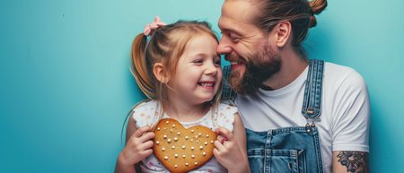 Cute little girl and her handsome bearded father are hugging and smiling while holding cookies in the shape of a heart.の素材