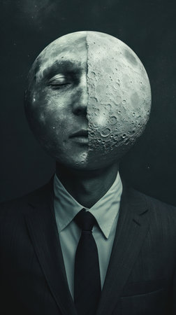 Businessman with moon instead of head. Black and white image.の素材