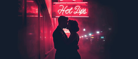 Couple kissing in front of neon sign. Mixed media. Mixed mediaの素材