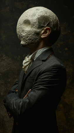 Portrait of a man in a suit with a skull on his headの素材