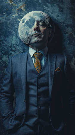 Portrait of a man in a suit and tie against the background of the moon.の素材