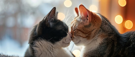 Two cats kissing in front of bokeh lights on background.の素材