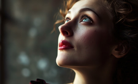 Portrait of a beautiful young woman with red lips and curly hairの素材