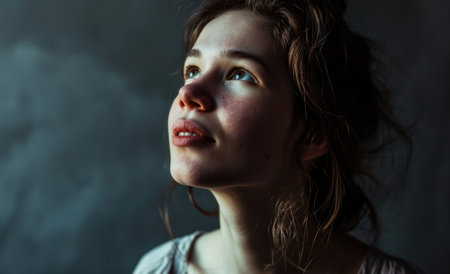 Portrait of a beautiful girl with long hair on a dark backgroundの素材