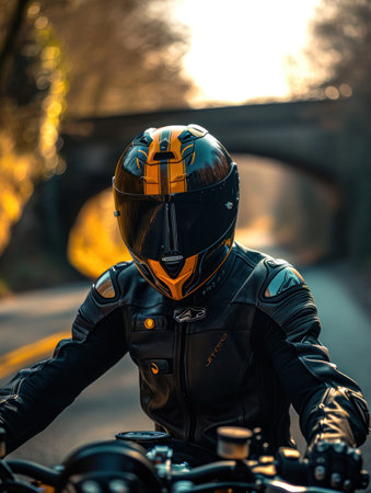 Motorcyclist in helmet and leather jacket sitting on a motorcycle.の素材