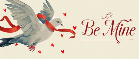 Be my Valentine lettering with a flying dove and red ribbon.の素材