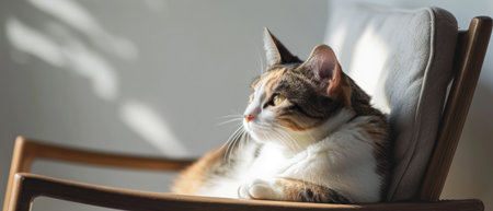 Cute cat sitting on chair in sun light. Selective focus.の素材