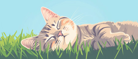 Cute cat lying on the green grass. Vector illustration in cartoon style.の素材