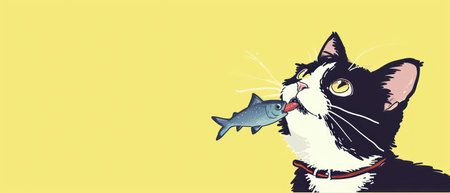 Cat with a fish in its mouth on a yellow background. Vector illustration.の素材