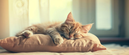 Cute ginger tabby cat sleeping on pillow at home, selective focusの素材