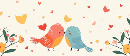 Valentine's day background with cute birds and hearts. Vector illustration.の素材