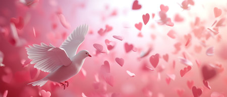 White dove flying in the air on a pink background with hearts.の素材