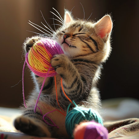 Cute little bengal kitten playing with ball of yarn.の素材