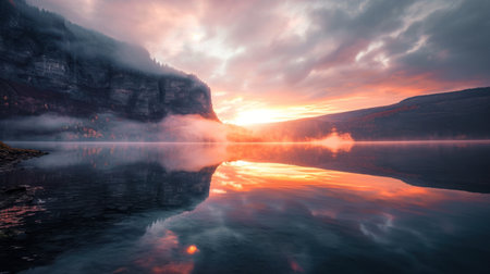 Sunrise on a lake in Glacier National Park, Montana, USAの素材