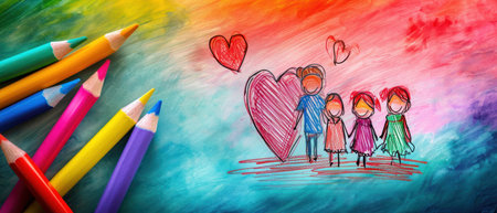 Children's drawing of a happy family on a background of the rainbowの素材