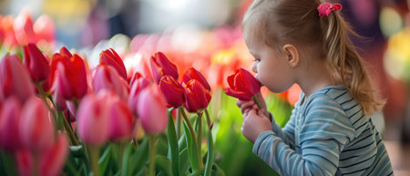 Adorable little girl smelling tulip flowers in a flower shop.の素材
