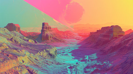 Fantasy alien planet. Mountain and lake. 3D illustration.の素材