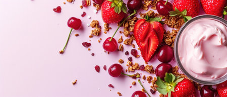 Granola with strawberries and cherries on a pink background.の素材