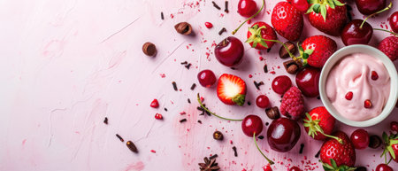 Cherry yogurt with fresh berries on pink background. Top view.の素材