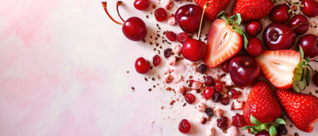 Banner with fresh berries and granola on a pink background.の素材