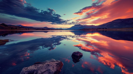 Beautiful sunset over a lake with reflection of mountains and clouds in the waterの素材