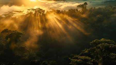 Sun rays through the mist in the morning at Khao Yai National Park, Thailandの素材