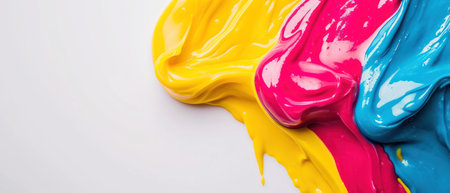 Colorful paint splashes on white background. Top view. Bannerの素材