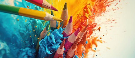 Colorful pencils and splashes of paint on a white backgroundの素材