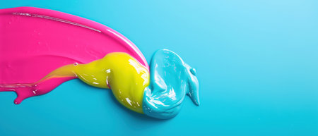 Colorful nail polish on blue background. Top view, copy spaceの素材